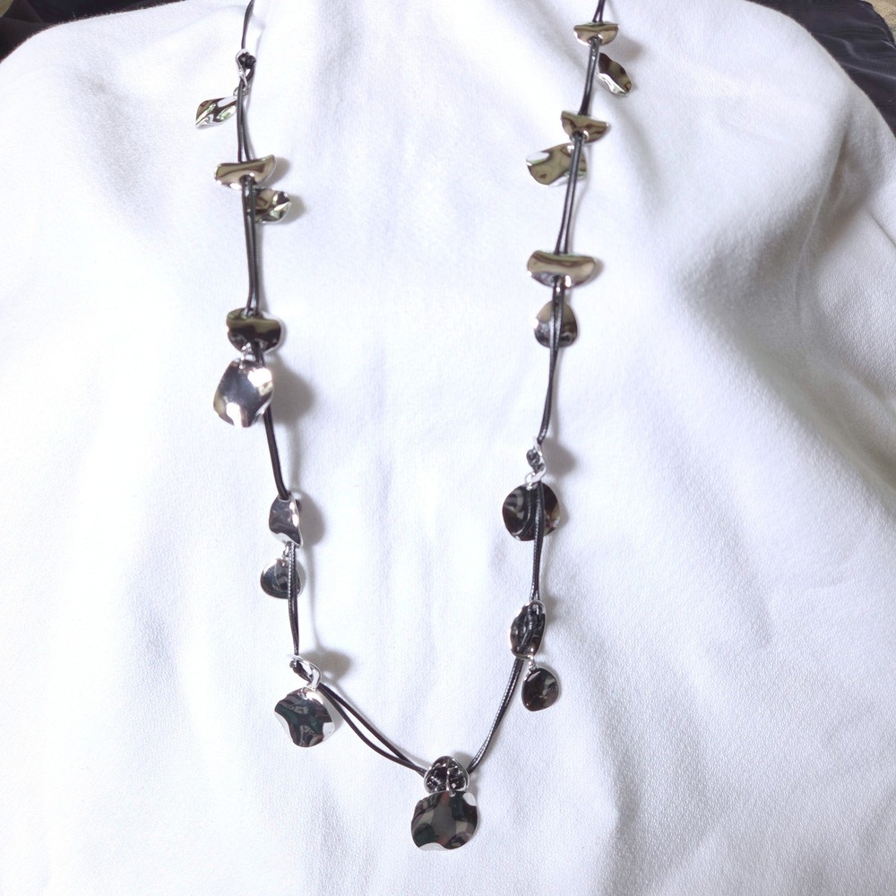 Chico's Necklace 16-20" Silver‎ Black Cord Disc Statement Coco Clean Single NWT